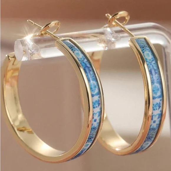 Elegant Gold and Blue Hoop Earrings - Picture 2 of 4